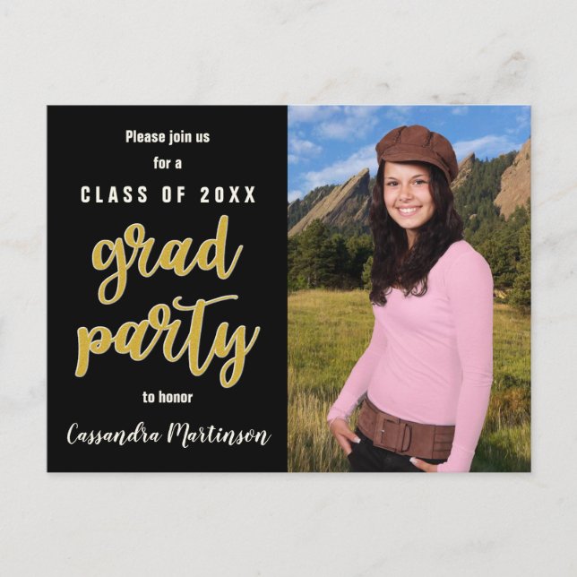 Elegant Black Gold Photo Graduation Party Invite (Front)