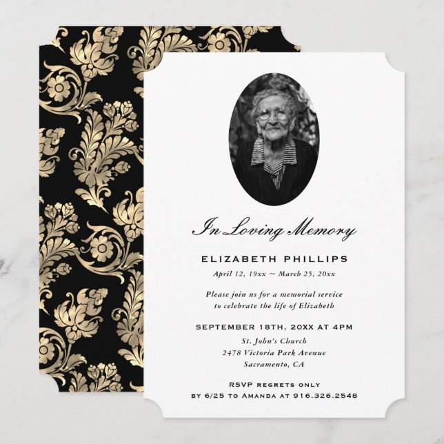 Elegant Black Gold Photo Memorial Invitation (Front/Back)