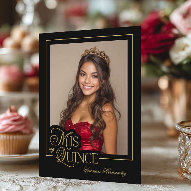 Elegant Black Gold Photo Mis Quince Quinceañera Invitation (Front)