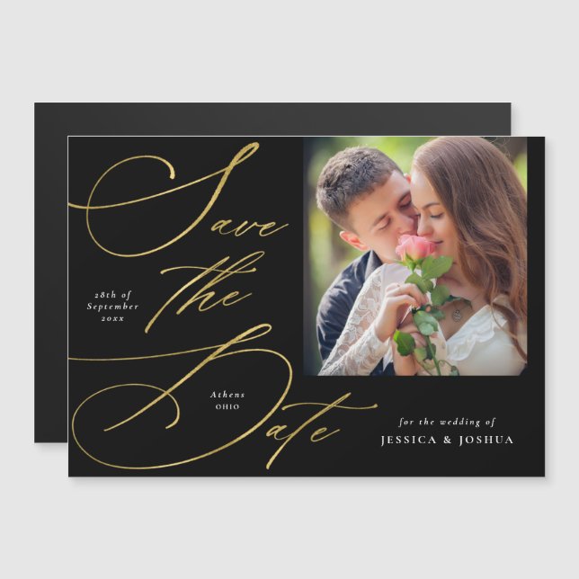 Elegant Black & Gold Photo Save the Date Magnet (Front/Back)