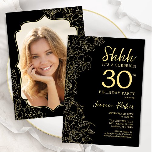 Elegant Black Gold Photo Surprise 30th Birthday Invitation
