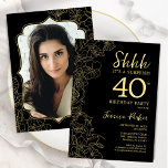Elegant Black Gold Photo Surprise 40th Birthday Invitation<br><div class="desc">Elegant black and gold surprise 40th birthday party invitation with your photo on the back of the card. Trendy modern feminine design features botanical accents and typography script font. Simple floral invite card perfect for a stylish female surprise bday celebration. Can be customized to any age. Printed Zazzle invitations or...</div>