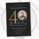Elegant Black Gold Photo Surprise 40th Birthday Invitation<br><div class="desc">Elegant Black Gold Photo Surprise 40th Birthday Invitation. Celebrate a milestone birthday with our Black and Gold Simple Elegant invitation, perfect for adding a touch of sophistication to your special day. This customizable design features a sleek black background adorned with elegant gold accents, creating a timeless and classy look. Personalize...</div>