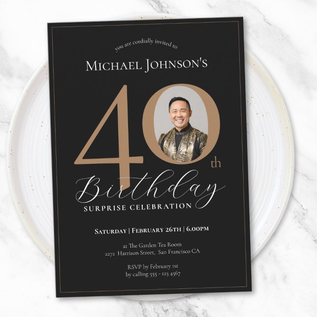 Elegant Black Gold Photo Surprise 40th Birthday Invitation (Elegant Black Gold Photo Surprise 40th Birthday Invitation)