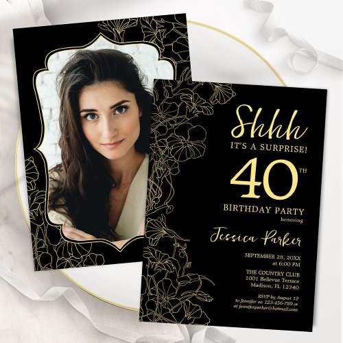Elegant Black Gold Photo Surprise 40th Birthday Invitation