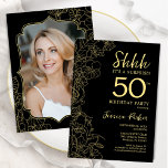 Elegant Black Gold Photo Surprise 50th Birthday Invitation<br><div class="desc">Elegant black and gold surprise 50th birthday party invitation with your photo on the back of the card. Trendy modern feminine design features botanical accents and typography script font. Simple floral invite card perfect for a stylish female surprise bday celebration. Can be customized to any age. Printed Zazzle invitations or...</div>