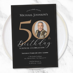 Elegant Black Gold Photo Surprise 50th Birthday Invitation