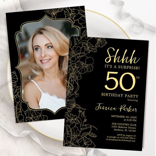 Elegant Black Gold Photo Surprise 50th Birthday Invitation