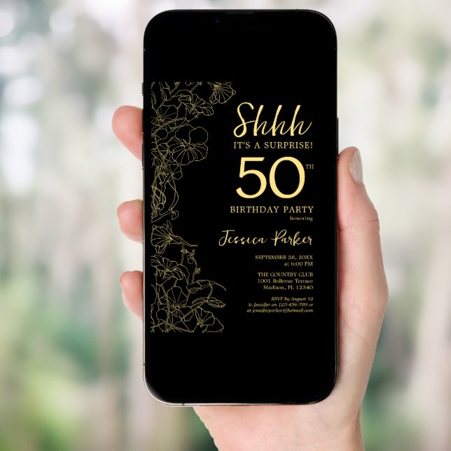 Elegant Black Gold Photo Surprise 50th Birthday Invitation (Front Digital)