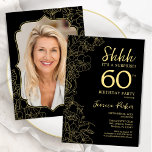 Elegant Black Gold Photo Surprise 60th Birthday Invitation<br><div class="desc">Elegant black and gold surprise 60th birthday party invitation with your photo on the back of the card. Trendy modern feminine design features botanical accents and typography script font. Simple floral invite card perfect for a stylish female surprise bday celebration. Can be customized to any age. Printed Zazzle invitations or...</div>