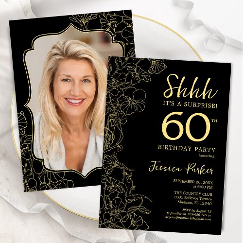 Elegant Black Gold Photo Surprise 60th Birthday Invitation