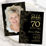 Elegant Black Gold Photo Surprise 70th Birthday Invitation<br><div class="desc">Elegant black and gold surprise 70th birthday party invitation with your photo on the back of the card. Trendy modern feminine design features botanical accents and typography script font. Simple floral invite card perfect for a stylish female surprise bday celebration. Can be customized to any age. Printed Zazzle invitations or...</div>
