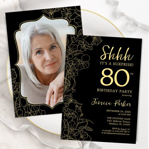 Elegant Black Gold Photo Surprise 80th Birthday Invitation