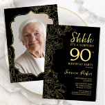 Elegant Black Gold Photo Surprise 90th Birthday Invitation<br><div class="desc">Elegant black and gold surprise 90th birthday party invitation with your photo on the back of the card. Trendy modern feminine design features botanical accents and typography script font. Simple floral invite card perfect for a stylish female surprise bday celebration. Can be customized to any age. Printed Zazzle invitations or...</div>