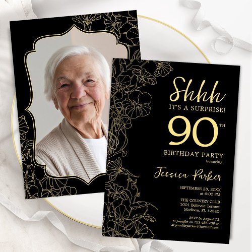 Elegant Black Gold Photo Surprise 90th Birthday Invitation