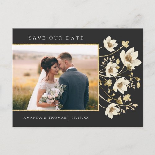 Elegant Black Gold Photo Wedding Save The Date Announcement Postcard