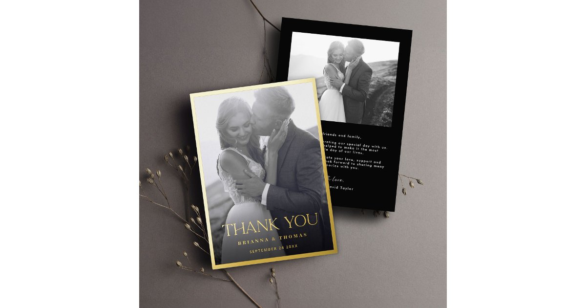 Elegant Black Gold Photo Wedding Thank You Card | Zazzle