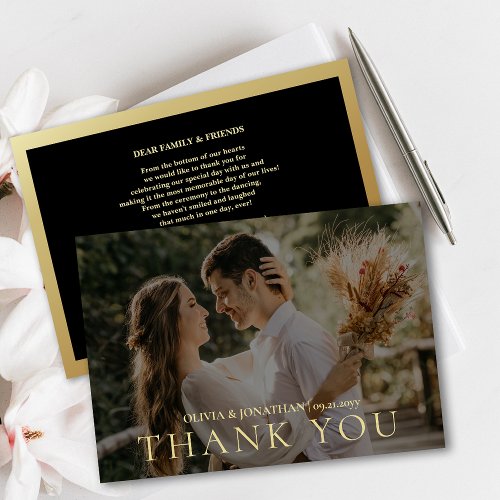 Elegant Black Gold Photo Wedding Thank You Card