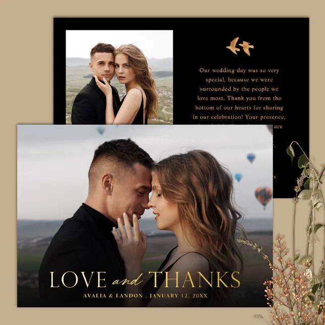 Elegant Black Gold Photo Wedding Thank You Card | Zazzle