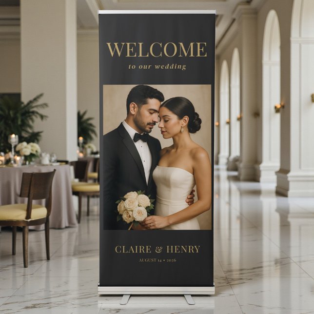 Elegant Black & Gold Photo Wedding Welcome  Retractable Banner (Creator Uploaded)