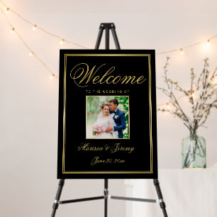 Elegant Black Gold Photo Wedding Welcome Sign