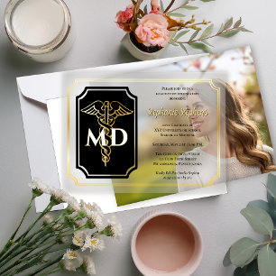 Elegant Black   Gold Physician MD Graduation Party Vellum Invitations