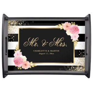 Elegant Black Gold Pink Floral Mr. & Mrs. Wedding Serving Tray