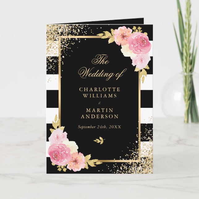 Elegant Black Gold Pink Floral Wedding Program (Front)
