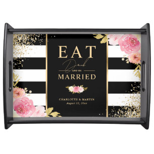Elegant Black Gold Pink Floral Wedding Serving Tray