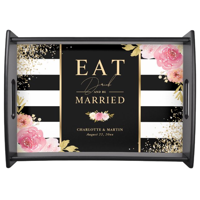 Elegant Black Gold Pink Floral Wedding Serving Tray (Front)