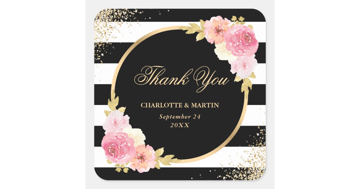 Elegant Black Gold Pink Floral Wedding Thank You Square Sticker | Zazzle