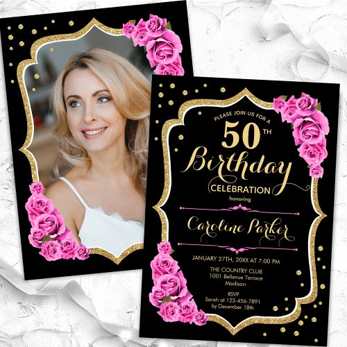 Elegant Black Gold Pink Photo 50th Birthday Invitation