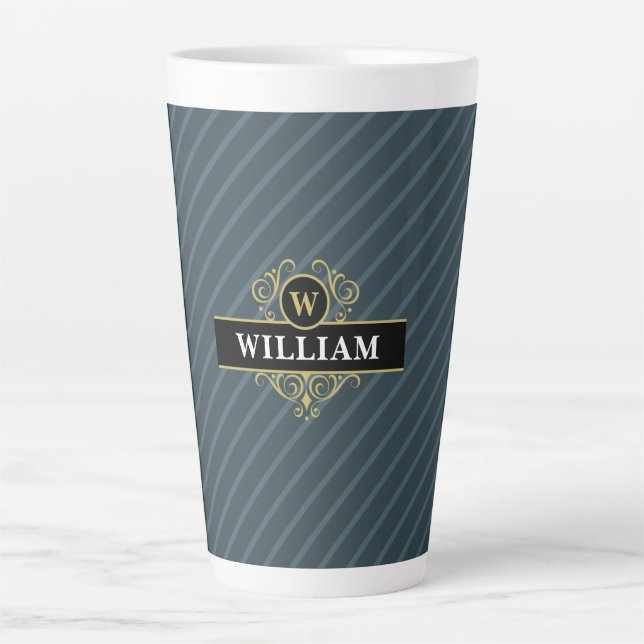 Elegant Black Gold Pinstripe Monogram Latte Mug (Front)