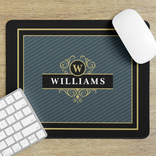 Elegant Black Gold Pinstripe Monogram Mouse Pad