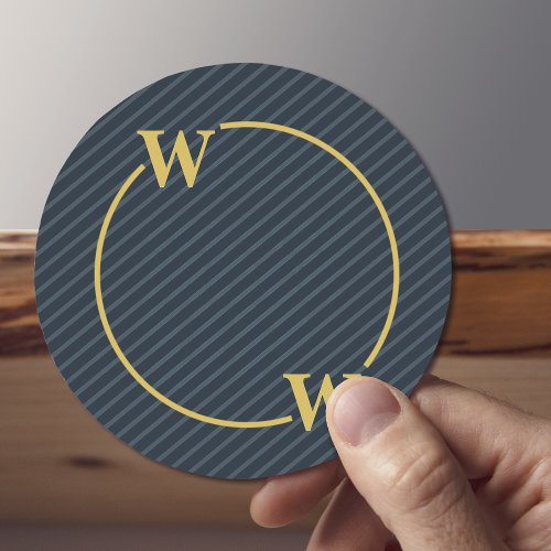 Elegant Black Gold Pinstripe Monogram Round Paper Coaster