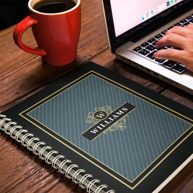 Notebook With Golden Line Elegant Black Gold Pinstripe Monogrammed Notebook | Zazzle