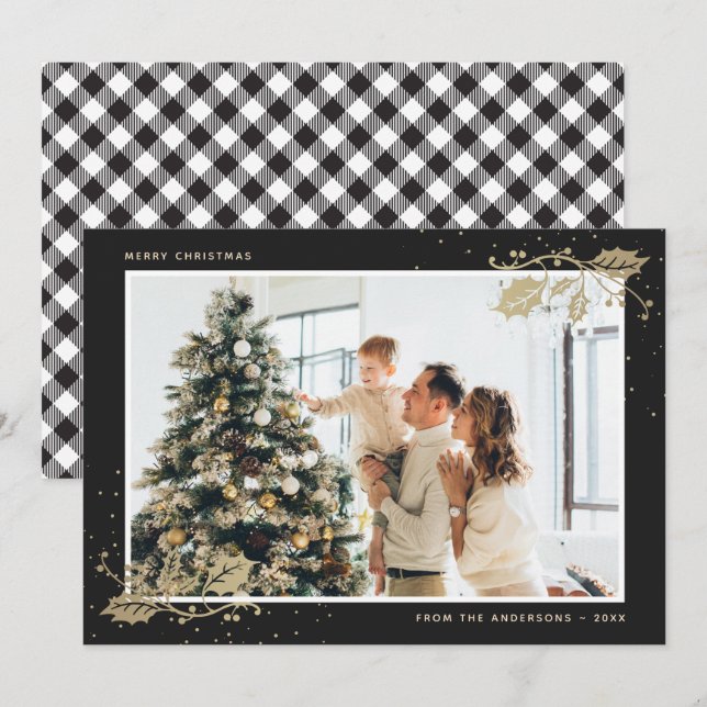 Elegant Black Gold Plaid Photo Christmas Card (Front/Back)