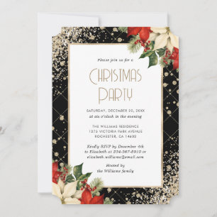 Elegant Black Gold Poinsettia Christmas Party Invitation