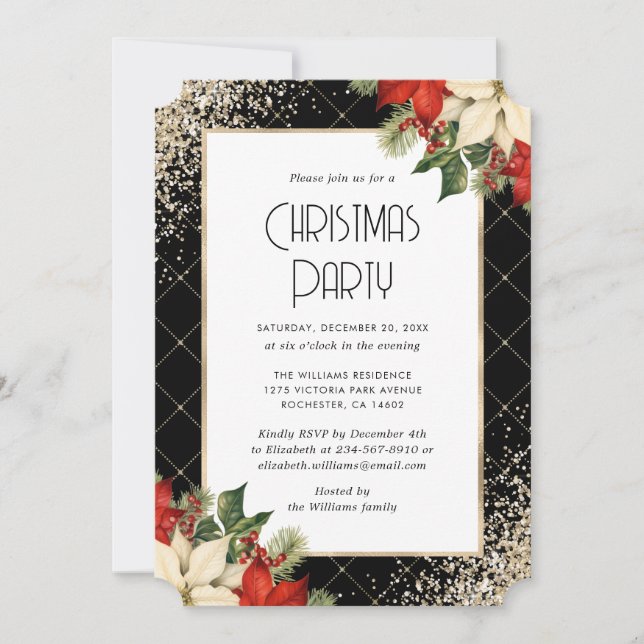 Elegant Black Gold Poinsettia Christmas Party Invitation (Front)