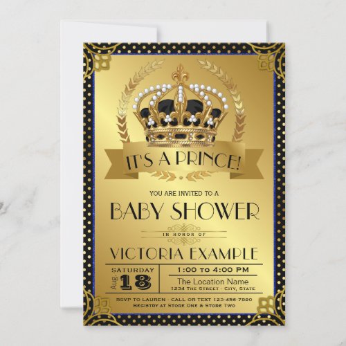 Elegant Black Gold Prince Baby Shower Invitations