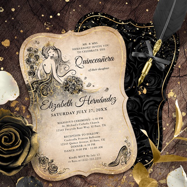 Elegant Black Gold Princess Quinceanera Birthday Invitation (Unique, elegant black and gold princess quinceanera invitations on an easy DIY template.)
