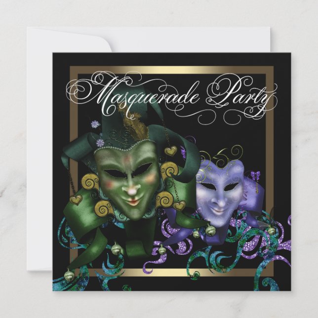 Elegant Black Gold Purple Masquerade Party Invitation (Front)