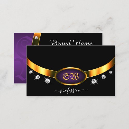 Elegant Black Gold Purple with Monogram Diamonds Business Card