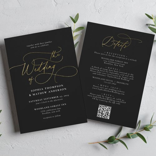 Elegant Black Gold QR Code All in one Wedding Invitation