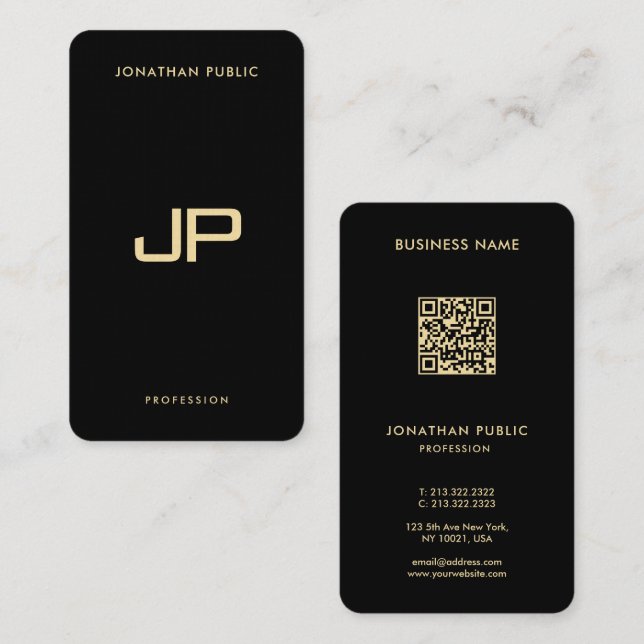Elegant Black & Gold QR Code Luxury Premium Linen Business Card (Front/Back)