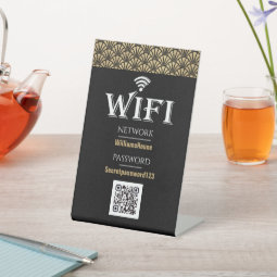 Elegant Black Gold QR Code Wifi Password Network Pedestal Sign | Zazzle