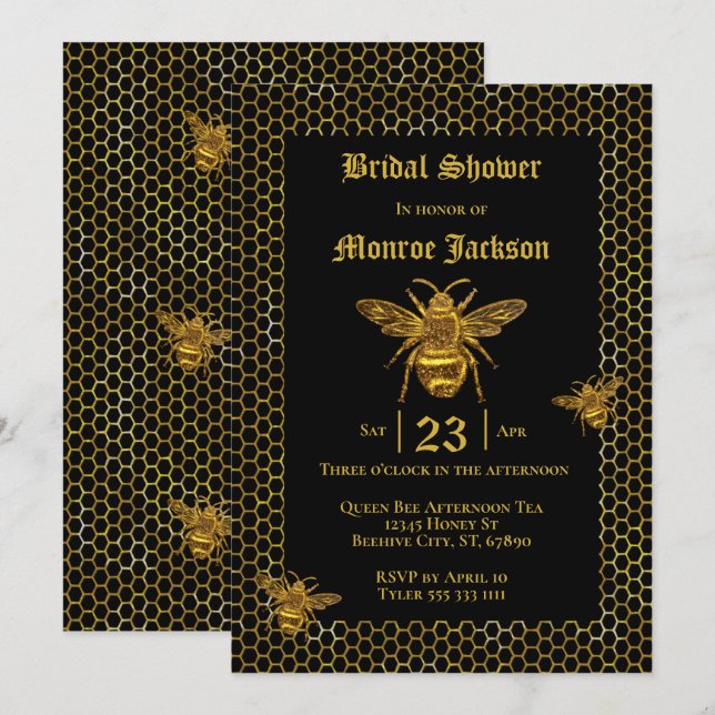Elegant Black Gold Queen Bee Beehive Bridal Shower Invitation (Front/Back)