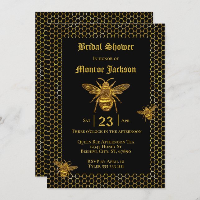 Elegant Black Gold Queen Bee Beehive Bridal Shower Invitation (Front/Back)
