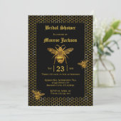 Elegant Black Gold Queen Bee Beehive Bridal Shower Invitation (Standing Front)