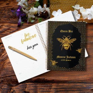 Elegant Black Gold Queen Bee Beehive Planner